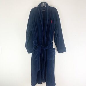 Polo Ralph Lauren Robe Mens One Size Navy Fleece Bath Lounge Spa Belted Big Pony